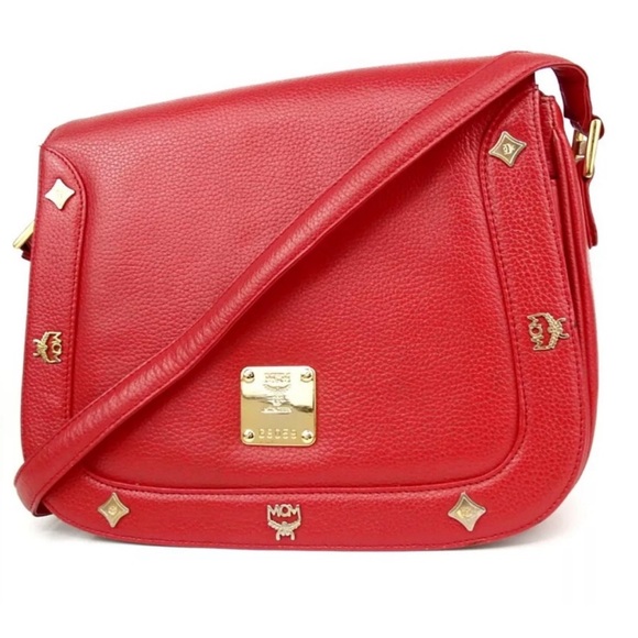 MCM Handbags - MCM Signature Studded Red Leather Crossbody Bag Purse - Used, Imperfections.
